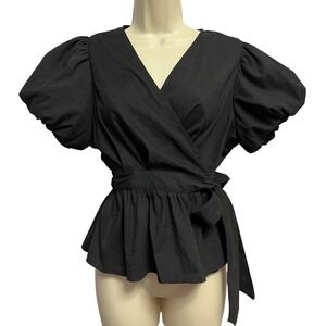 On Twelfth Wrap Top Womens Small Puff Sleeve Peplum Belted Blouse Viscose